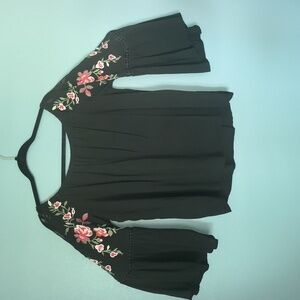 Black Boho Peasant Blouse with Pink Floral Embroidery Medium